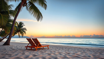Obraz premium calm evening at the sandy tropical beach with two deck chairs with a white accent, png