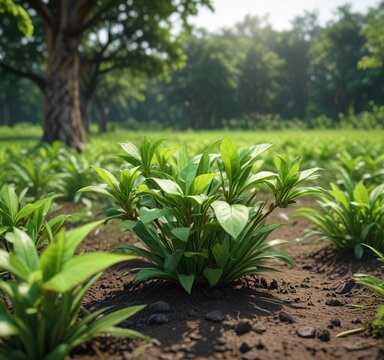 Emerging shoots of Alstonia scholaris in a lush green field , plants, green field