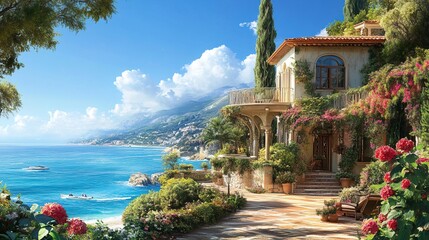Obraz premium Amazing view of a beach house with a beautiful garden and a stunning ocean view. 