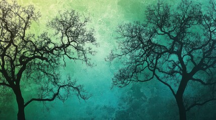 Fototapeta premium Abstract texture of tree silhouettes against a gradient green and blue background, layered organic shapes and soft lighting, atmospheric and serene.