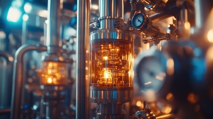 Fototapeta premium Industrial equipment close-up with glowing elements