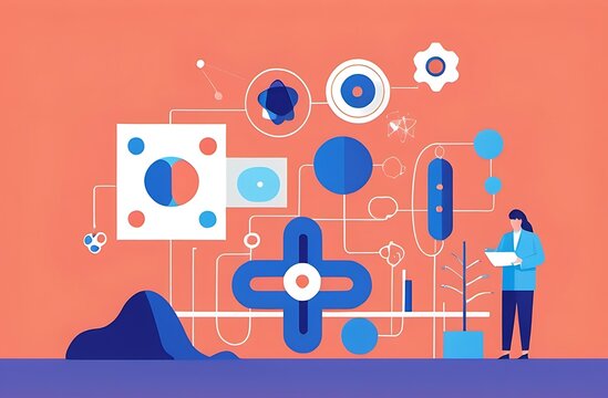 AI-driven interdisciplinary research, innovative science, flat design illustration 
