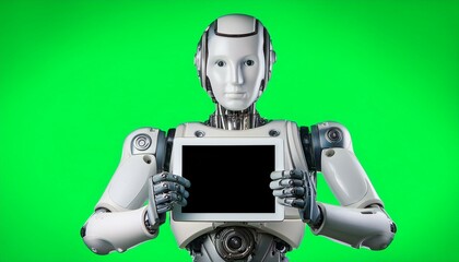 Naklejka premium Futuristic AI Robot Using Digital Tablet – A Glimpse Into Tomorrow’s Technology