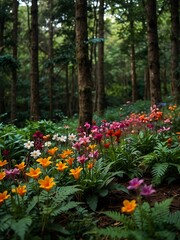 Vibrant flowers in a lush forest.