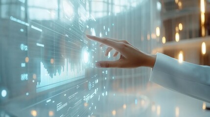 Hand is pointing at a screen with a lot of numbers and graphs. Concept of data analysis and the importance of understanding and interpreting complex information. Scene is serious and focused