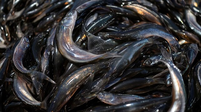 Fresh capelin fish forming a glistening pile at market stall
