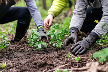 Fototapeta premium Volunteers working together to plant young trees in a forest restoration project.
