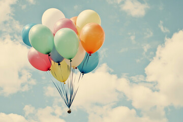 Fototapeta premium Colorful balloons float against a blue sky with white clouds