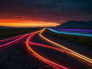 Vibrant neon-lit landscape with colorful lines stretching into the horizon.
