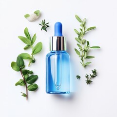 Blue dropper bottle product packaging for beauty and skincare anti aging oil herbs and minerals