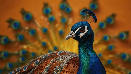Obraz premium Vibrant peacock with feathers spread, against an orange and yellow background.