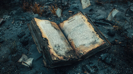 Obraz premium Ancient book on ash reveals forgotten knowledge in a desolate scene