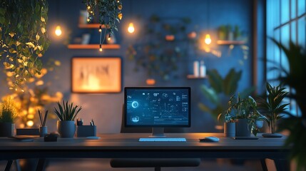 Cozy, plant-filled home office at night with computer screen displaying data.