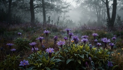 Obraz premium Vibrant purple flowers in a misty setting.