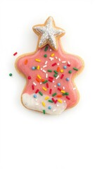 Obraz premium Christmas cookie with colorful icing and sprinkles, topped with a sparkling star, sugar, tasty