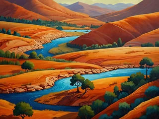 Selbstklebende Fototapeten Vibrant stylized landscape with orange hills and winding river. © claudunia