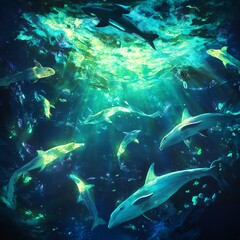 Fototapeta premium Mesmerizing underwater scene. A school of dolphins swims in vibrant, sunlit ocean depths. Perfect for marine life, nature, or ocean-themed projects.