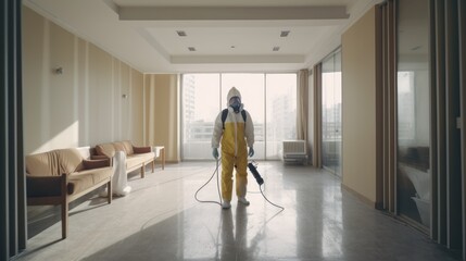 Man in Hazmat Suit Disinfecting an Empty Room
