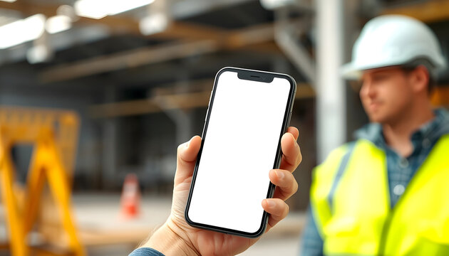 Construction template. Phone mock up. Smartphone in hand of builder. Phone with blank white screen. Place for construction application. Construction worker demonstrates cellphone. Copy space isolate