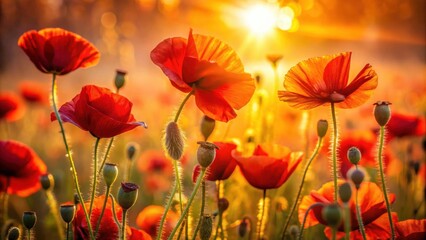 Fototapeta premium Poppies bathed in golden sunlight, their petals a vibrant red, reaching towards the celestial orb above.
