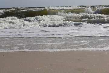 Rolling Waves Crashing on a Sandy Shoreline. A dynamic beach scene with white foamy waves approaching the shore, capturing the energy of the ocean under bright sunlight