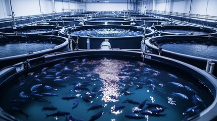 Industrial fish farming in large tanks feeding fish