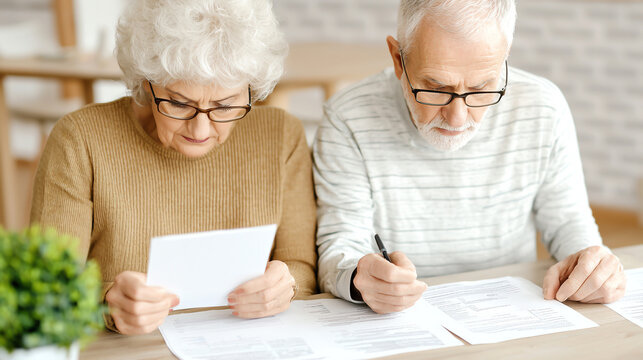 Senior couple reviewing financial documents with focus and concern