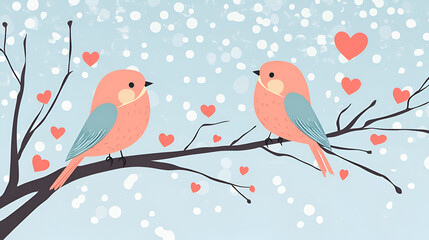 Two cute birds perched on a branch surrounded by falling snow and hearts, perfect for seasonal greetings or Valentine's designs.