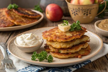 Crispy Golden-Brown Polish Potato Pancakes with Sour Cream and Applesauce