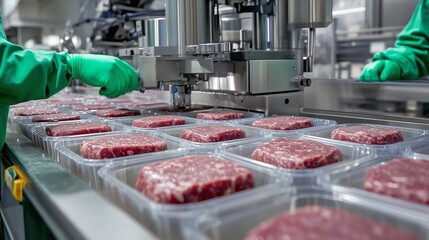 Food factory workers operating machinery and packing fresh meat for sale