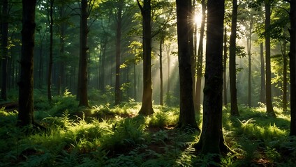 Obraz premium View of a green forest illuminated by sunlight.