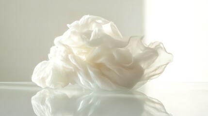 Obraz premium Abstract image of a white, crumpled fabric or cream on a reflective surface, illuminated by soft sunlight.