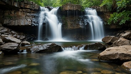 Obraz premium Waterfall crashing over rocks in a natural setting.