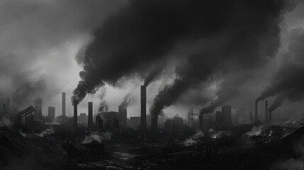 A city skyline is covered in smoke and the sky is dark