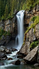 Waterfall flowing over rocky cliffs in British Columbia.