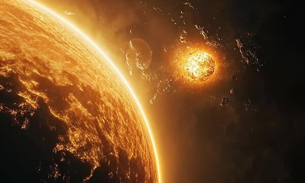 A dramatic cosmic scene featuring a glowing planet and an exploding star.