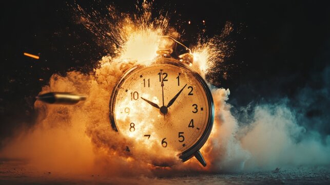 Dynamic image of an alarm clock exploding as a bullet crashes through its center, set against a dark background