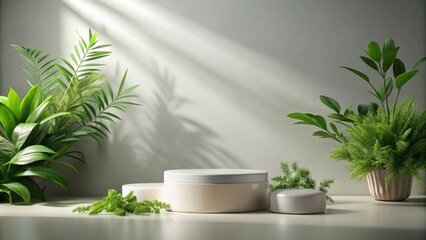 Minimalist Product Display with White Podium and Lush Greenery