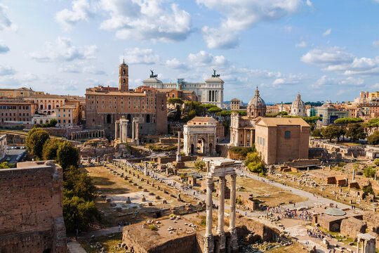 Panorama of the Roman forum, view from above. Rome, Italy
