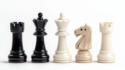 2038 vision board concept. A minimalistic arrangement of chess pieces featuring a black rook, queen, and white knight alongside a white rook, highlighting a classic game setting.