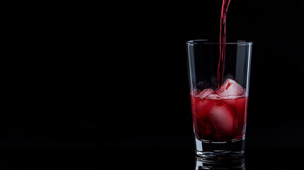 pouring red soda in a glass against a black background with copy space