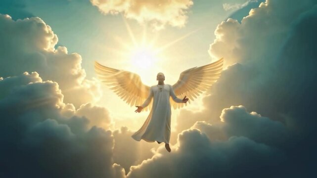 Guardian angel in heaven clouds. Archangel. Heavenly angelic spirit with wings. Illustration abstract white angel. Belief. Afterlife. Spiritual Angel. Blessing. Sky clouds with bright light rays.