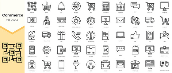 Simple Outline Set of commerce icons. Linear style icons pack. Vector illustration