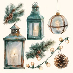 Rustic Christmas decorations featuring vintage lanterns, glass ornaments, pine branches, pinecones, and string lights, evoking a cozy and festive holiday atmosphere