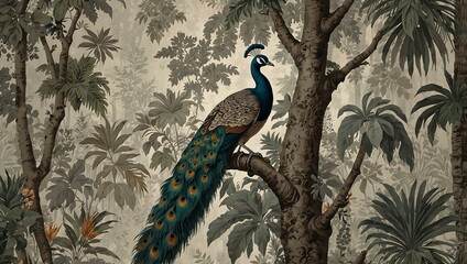 Naklejka premium Vintage grey wallpaper with tropical trees and peacocks.