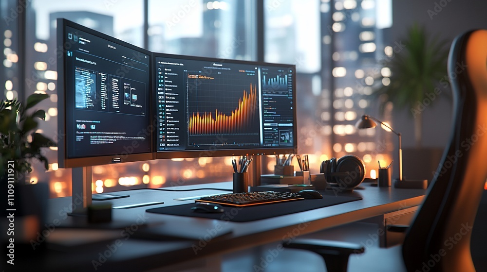 Poster Modern office workspace with dual monitors displaying data analytics and charts at night.