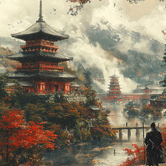 Fototapeta premium Samurai and Pagoda in an Ancient Japanese Ink Landscape