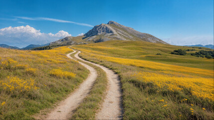 Obraz premium Mountain Path through Yellow Flowers: Landscape