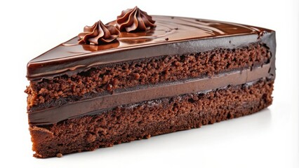 A slice of decadent chocolate cake with a smooth chocolate frosting and whipped cream swirls.