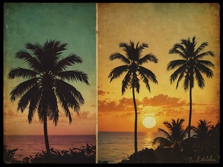 Vintage travel collage with palm trees and tropical sunset.